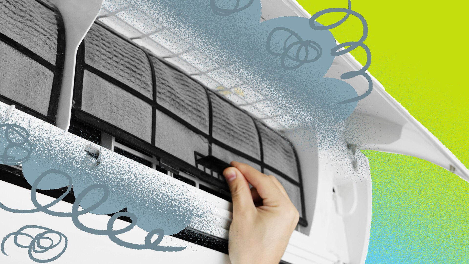 A hand adjusts a knob on an air conditioning unit.