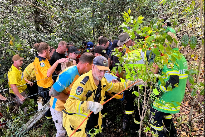 A group of people help carry an unidentified man on a stretcher out of rugged bushland