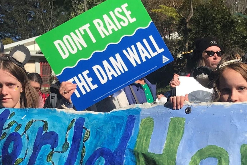 Children hold a sign which reads 'World Heritage' while someone behind them holds a sign saying 'Don't Raise the Dam Wall'