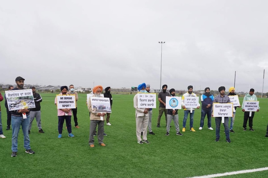 Dozens of men stand with placards