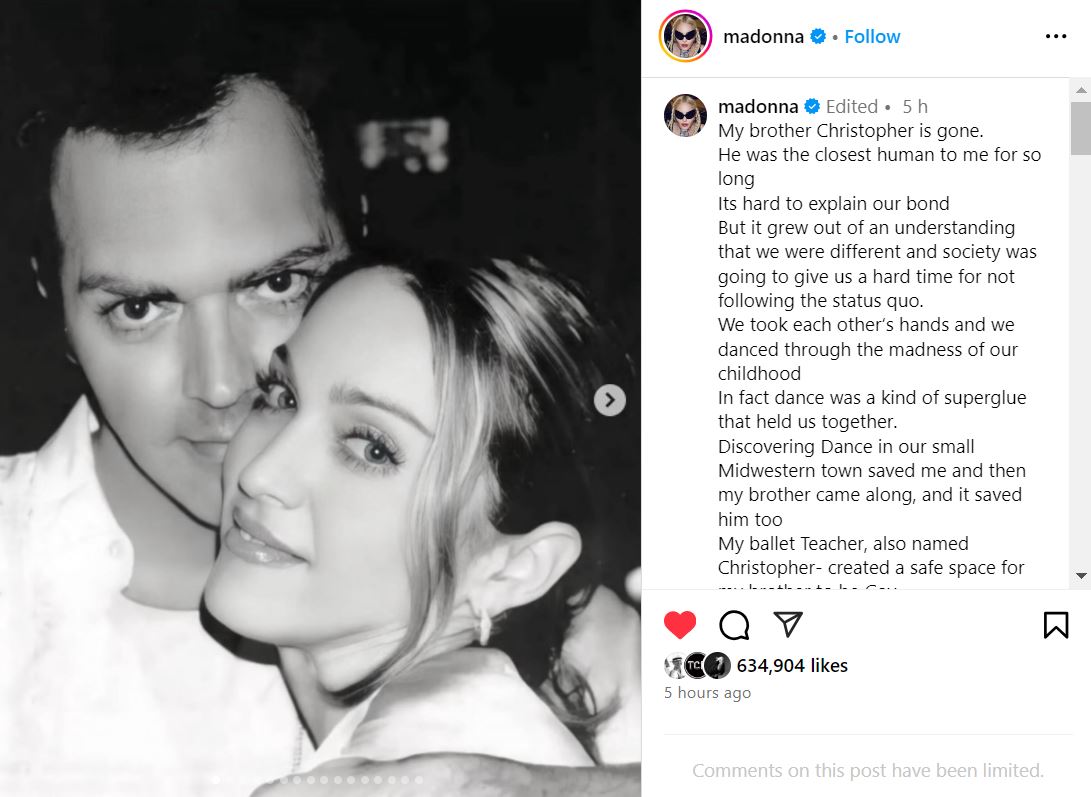 A screenshot of Madonna's Instagram tribute to brother Christopher Ciccone