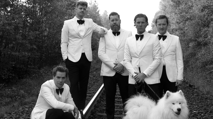 The Hives wearing white tuxedos, standing on railway tracks, with a big, fluffy, white dog on a leash