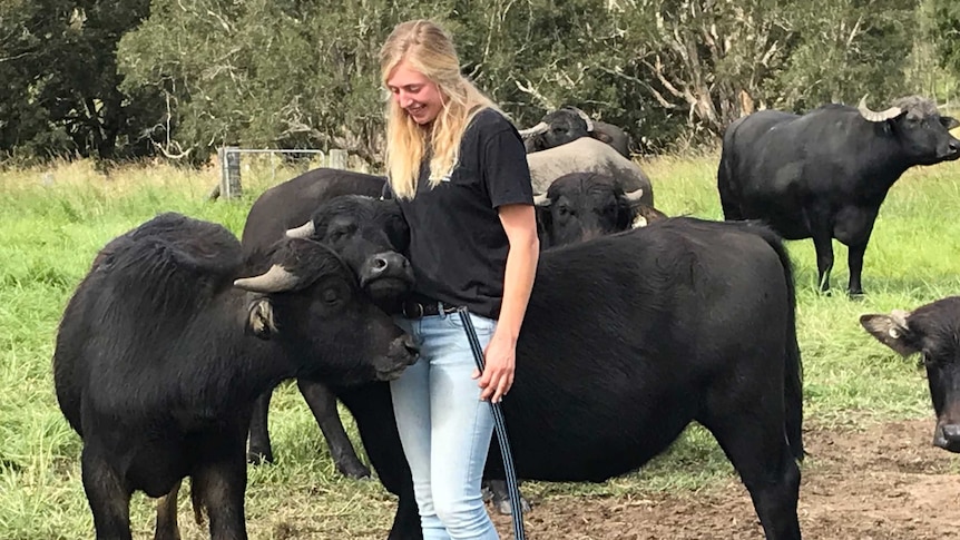 A woman stands in a farm, with her arm around two buffalos.