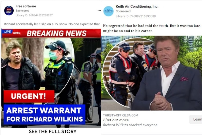 Two scam ads with photoshopped images of a man being arrested.