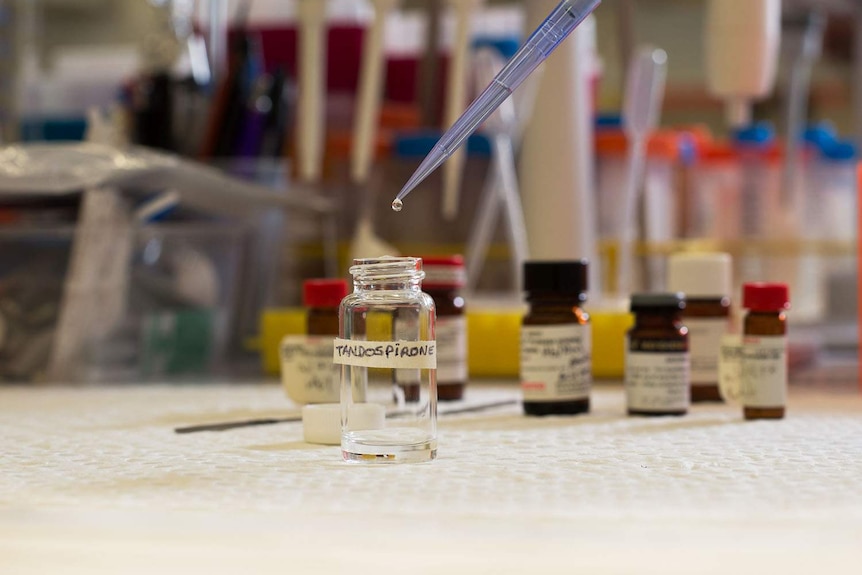 Bottle in a lab in Brisbane filled with drug tandospirone.