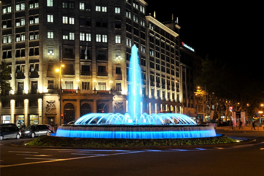 Font Passeig Gràcia in Barcelona lit up in blue for UN 70th anniversary