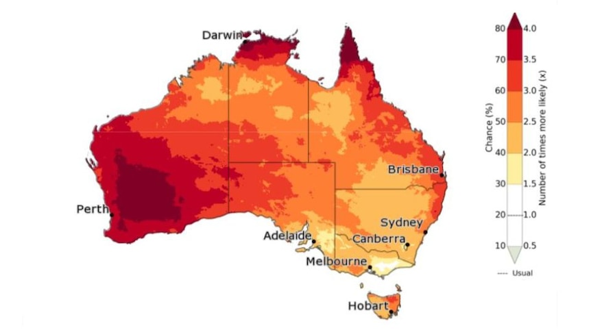 Large parts of WA look three to four times more likely to have unusually warm temperatures this summer.