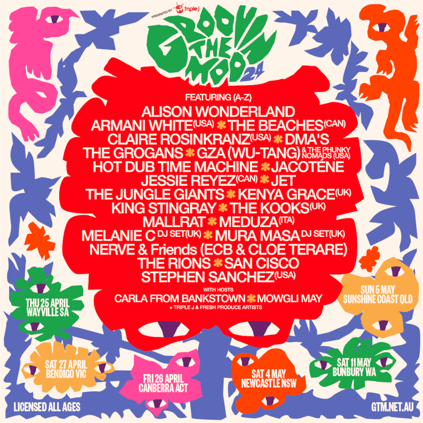 Tour poster for Groovin The Moo 2024 with shapes of creatures with eyes around the line-up in white text on a red background