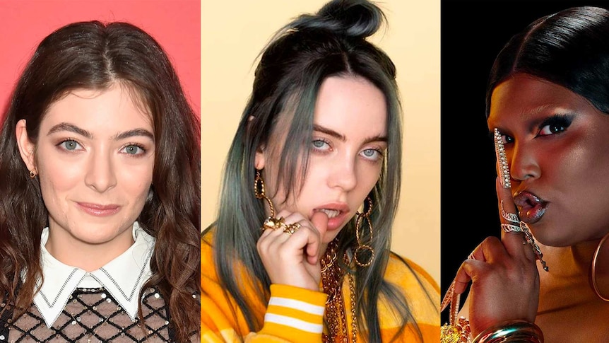 A collage image of female pop stars Lorde, Billie Eilish, and Lizzo
