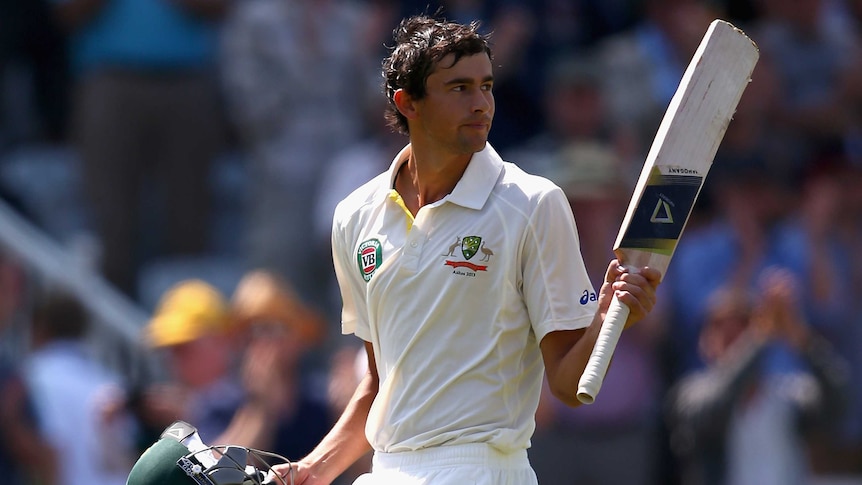 Agar raises his bat as he walks off at Trent Bridge