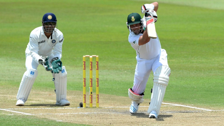 South Africa's Jacques Kallis drives on day three of the second Test against India.