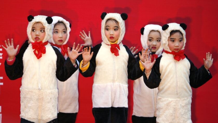 Young girls dress up as pandas to mark the gift of two pandas from China to Taiwan