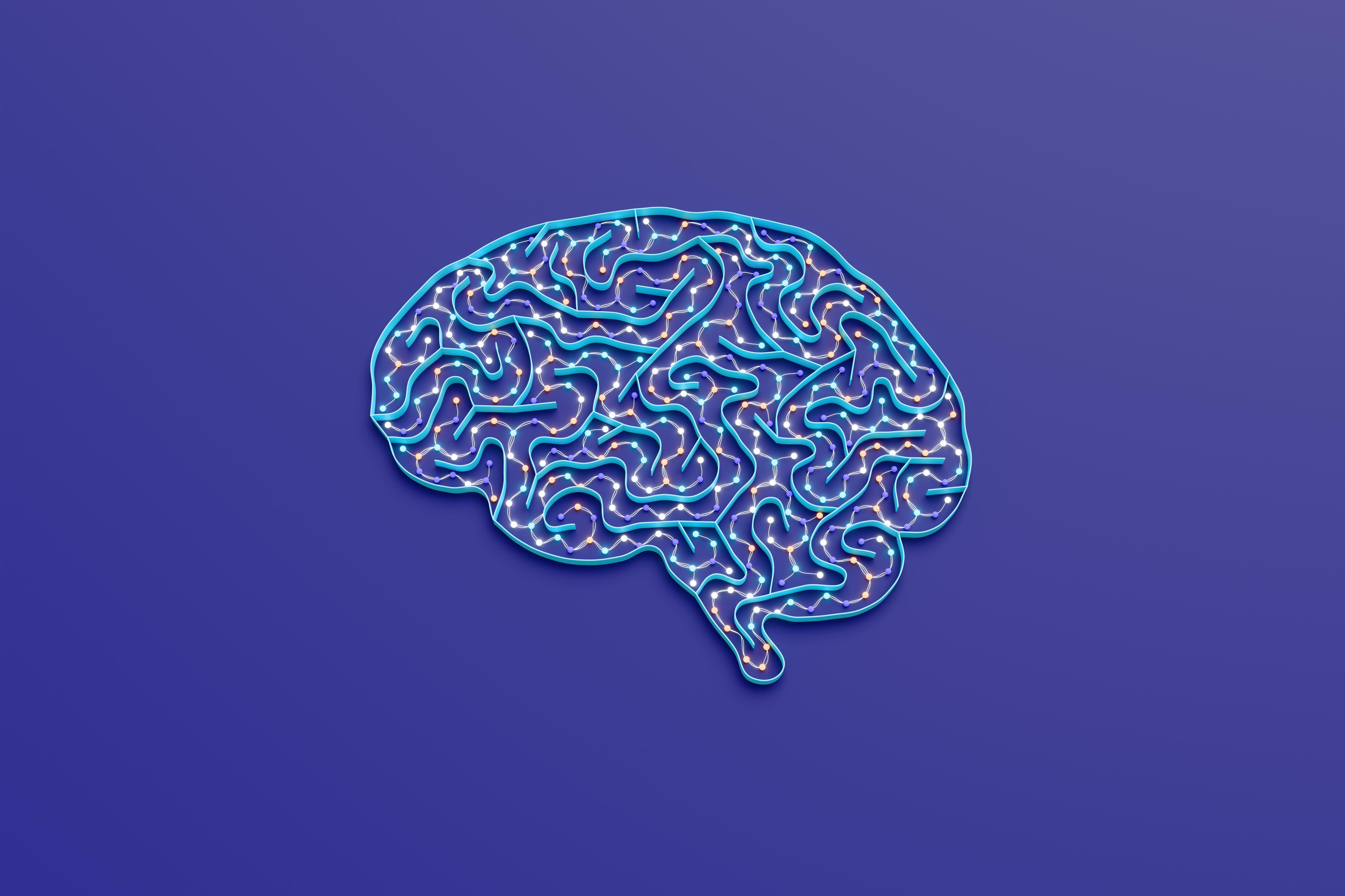 Digital artwork of a brain made up of wires and lights.