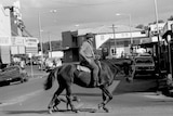 a black and white photo of a man on a horse with a dog beside them crossing the main road
