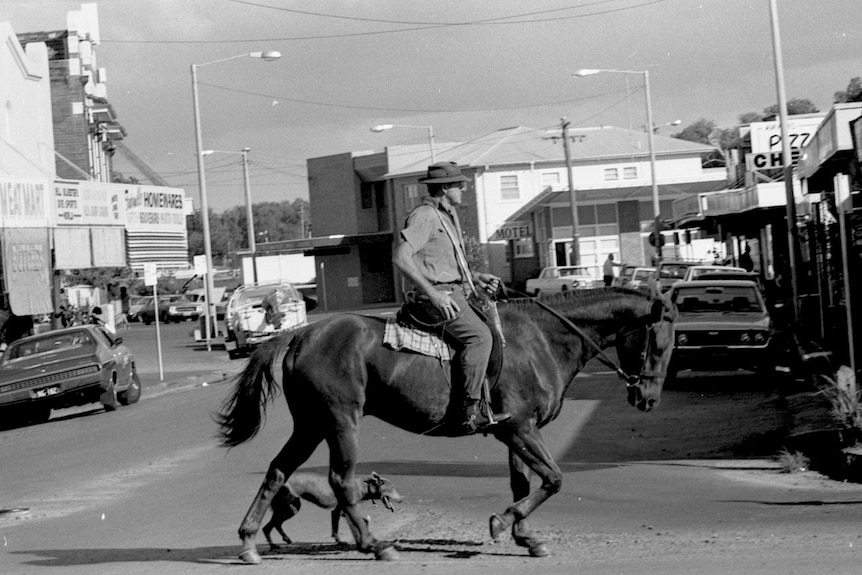 a black and white photo of a man on a horse with a dog beside them crossing the main road
