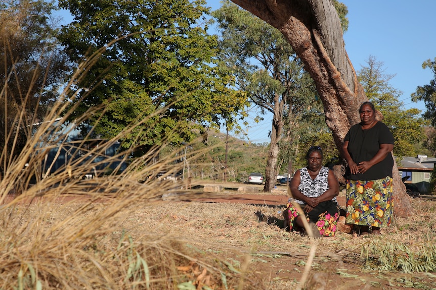 Two Indigenous women sit beneath the shade of a red gum tree.