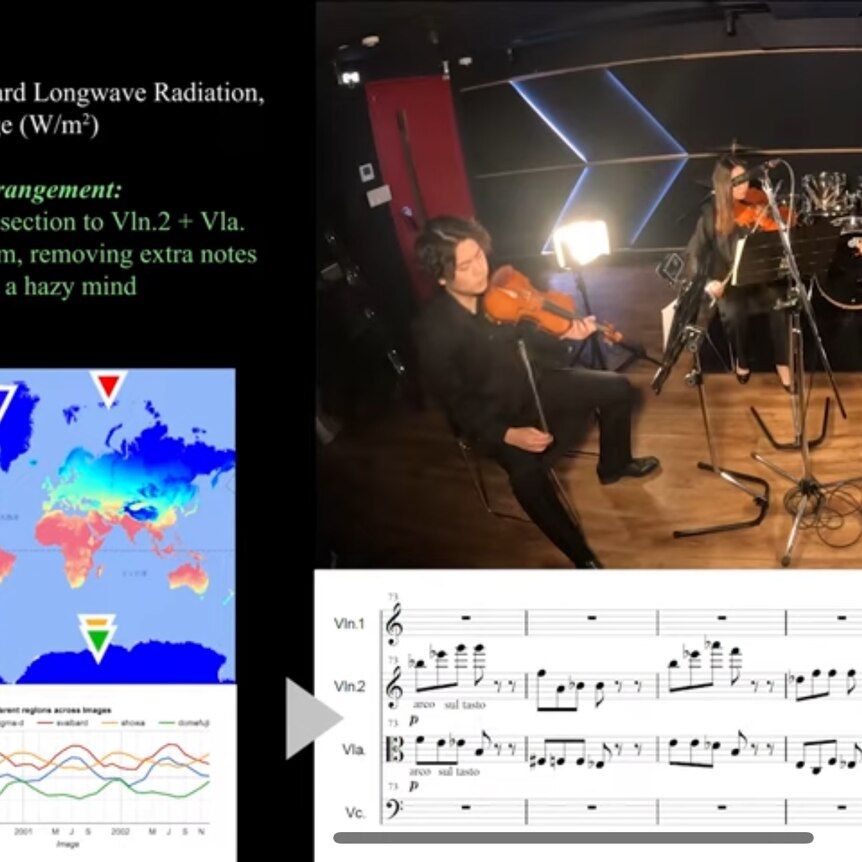 A still from a YouTube video displaying a string quartet playing alongside sheet music and graphics displaying scientific data. 