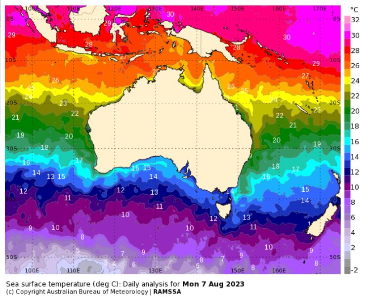 Chart of sea temperatures around Tasmania.