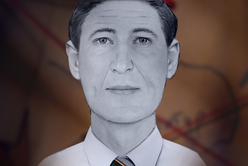 A stylised image shows an identikit face of an older man over a corkboard background