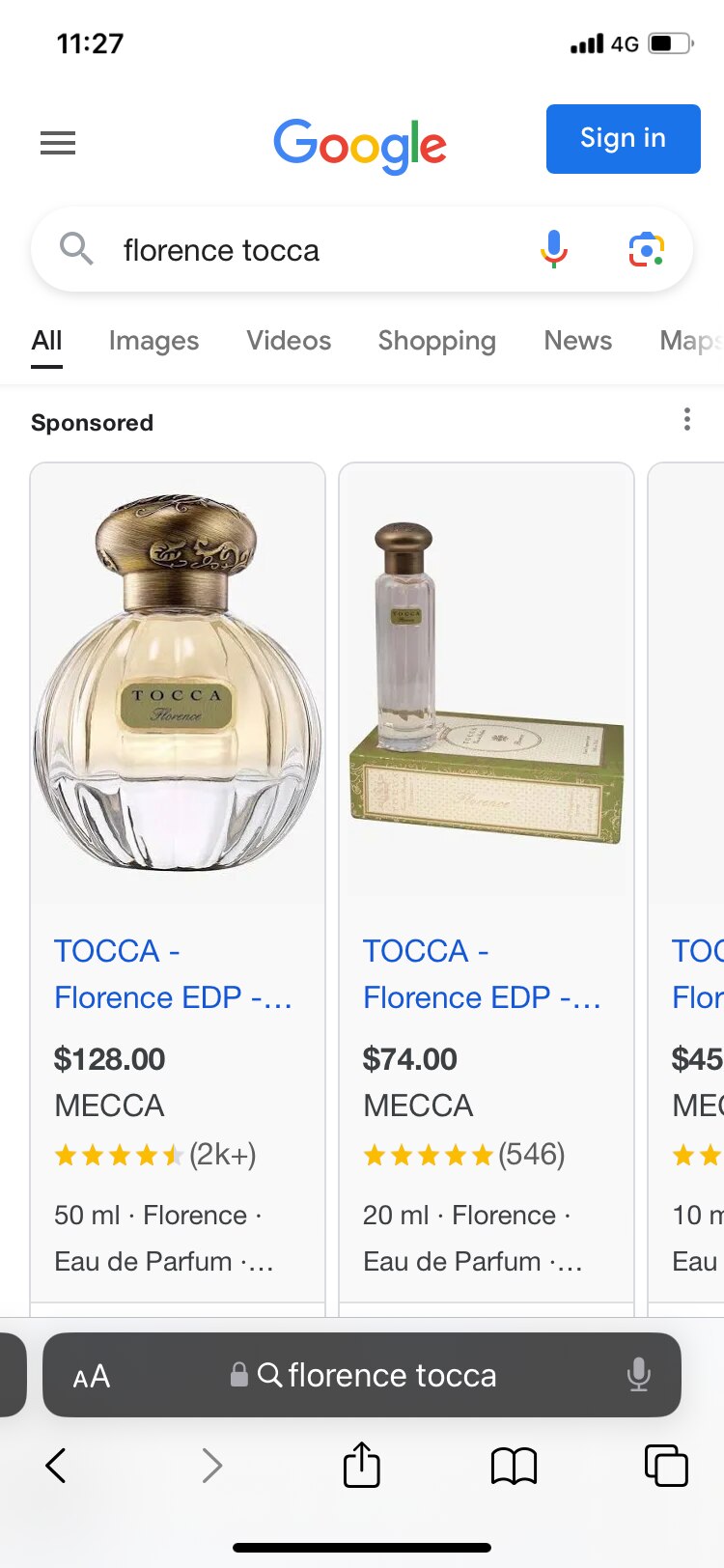 A screenshot of the perfume "Tocca" on a Google search, with two pictures of the perfume and box. 