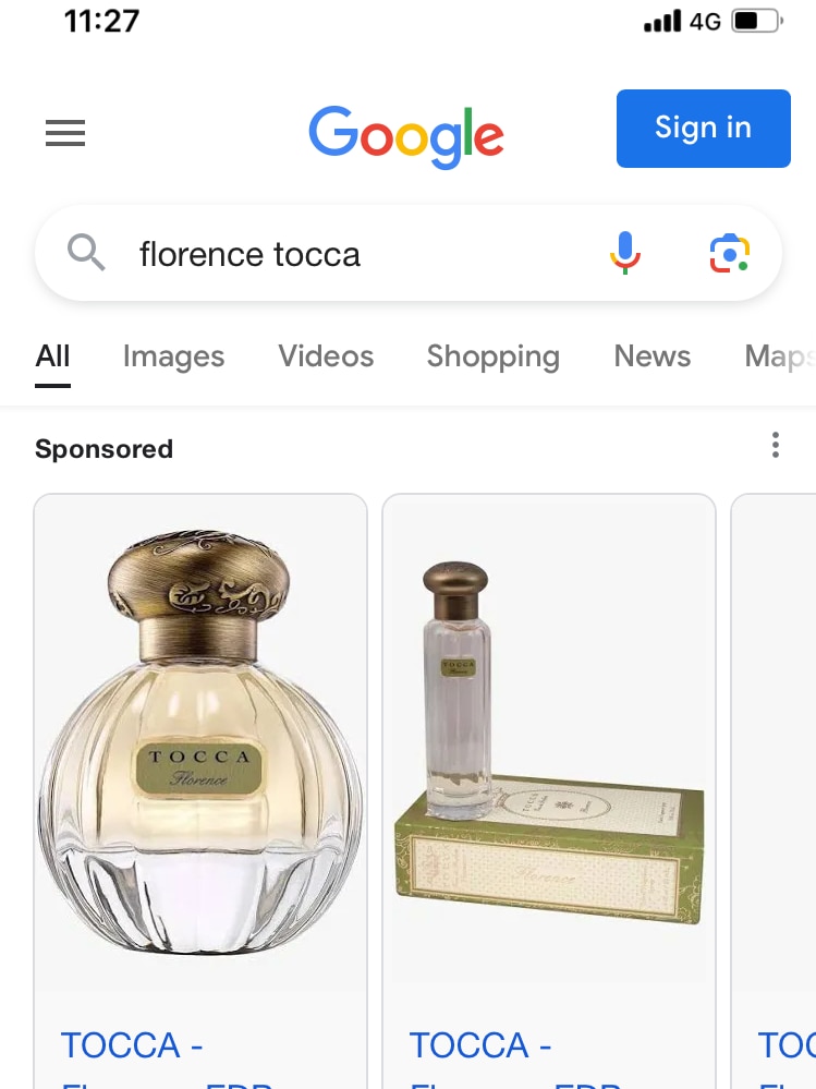 A screenshot of the perfume "Tocca" on a Google search, with two pictures of the perfume and box. 