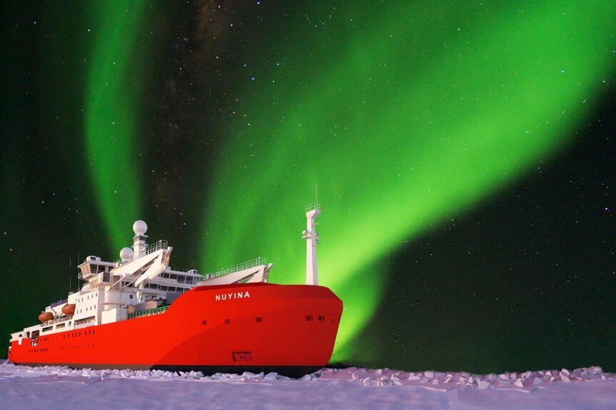 An artists's impression of the new icebreaker nuyina with the southern lights above.