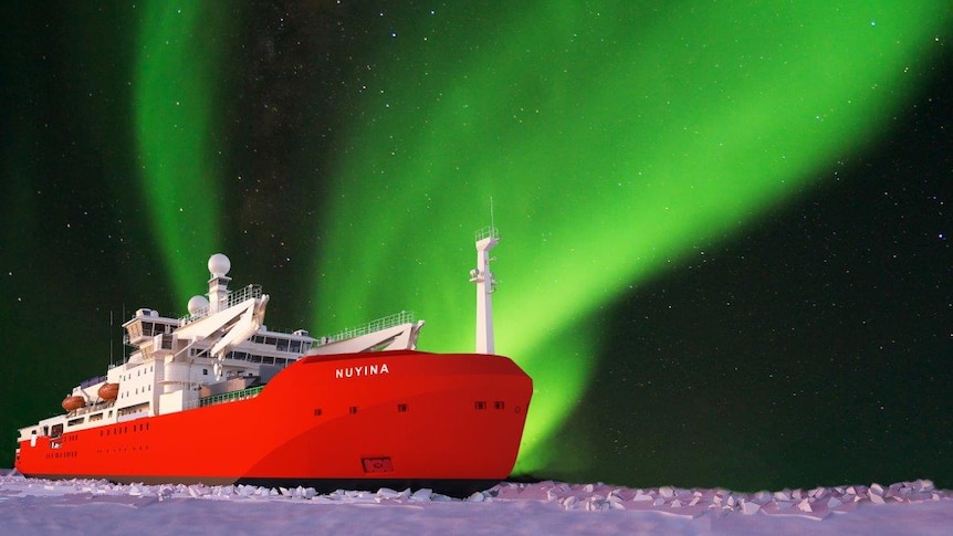 An artists's impression of the new icebreaker nuyina with the southern lights above.