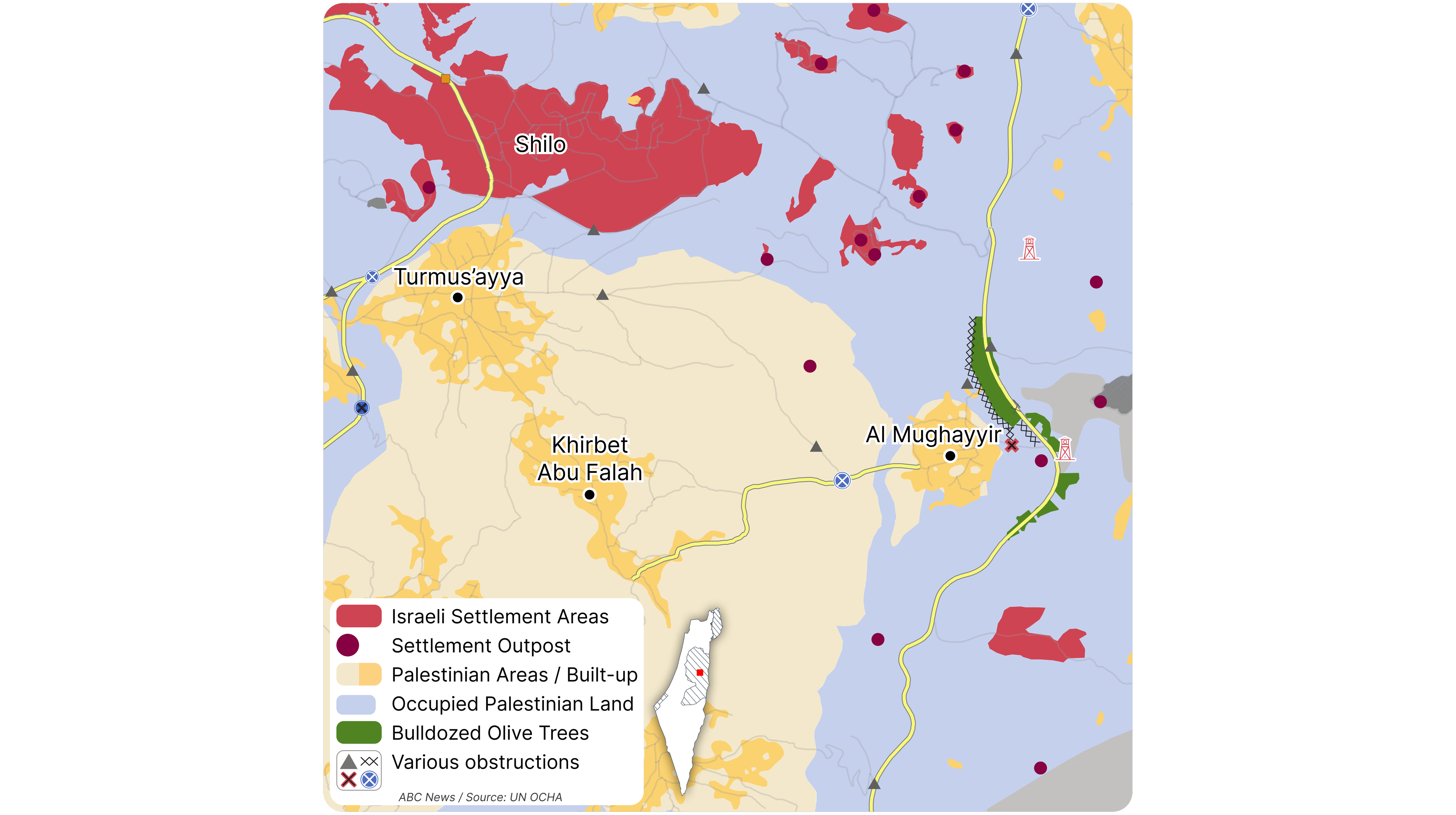 A zoomed in map onto an area in the West Bank showing roads and different structures