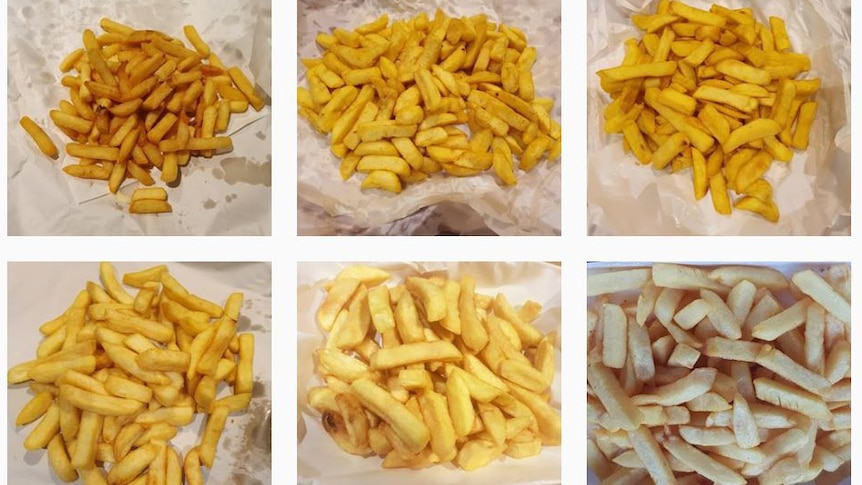 Six square photos of a small pile of thick-cut cooked chips, sitting on grease-marked butcher's paper.