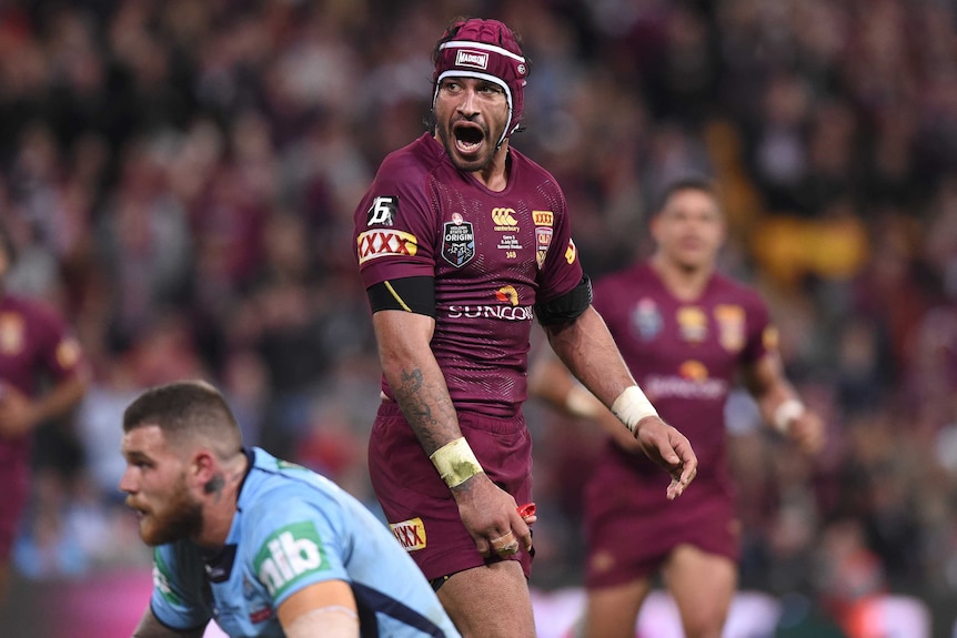 Johnathan Thurston of Queensland reacts during State of Origin III against New South Wales in Brisbane on July 8, 2015.