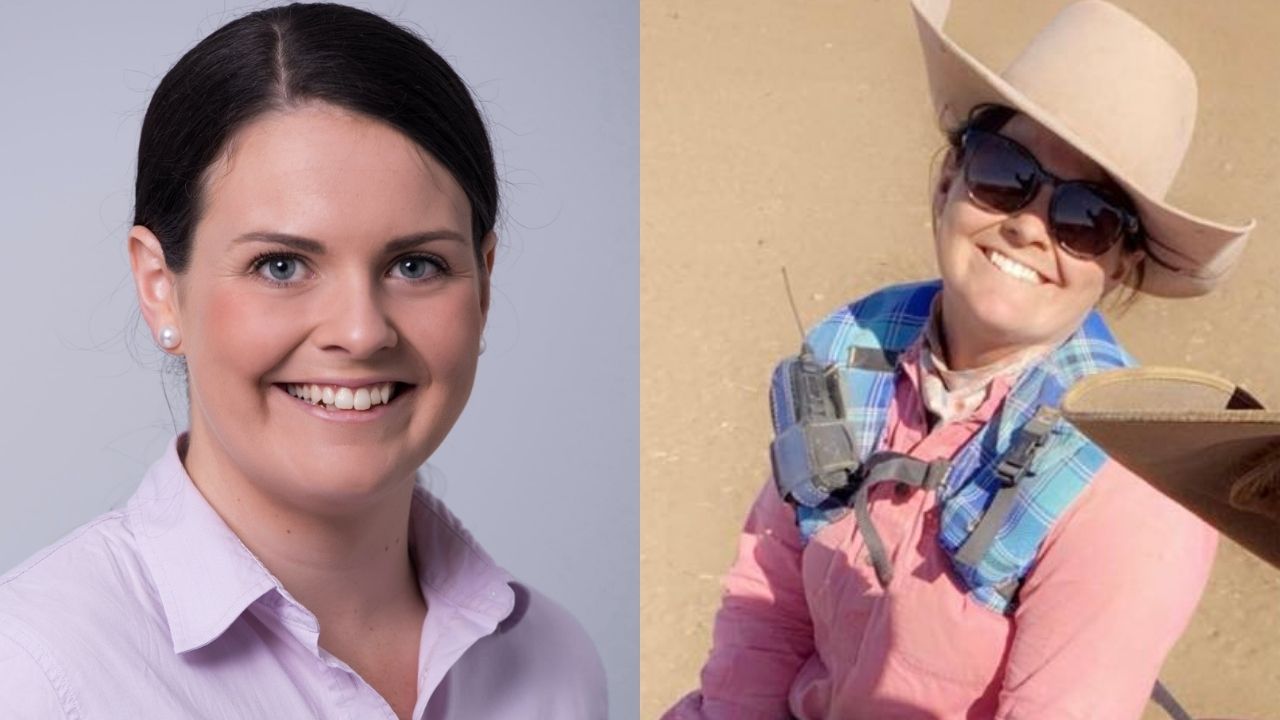 Two photos of a woman, one five years ago in clean collar shirt with makeup the other in dusty work shirt with brown cowgirl hat