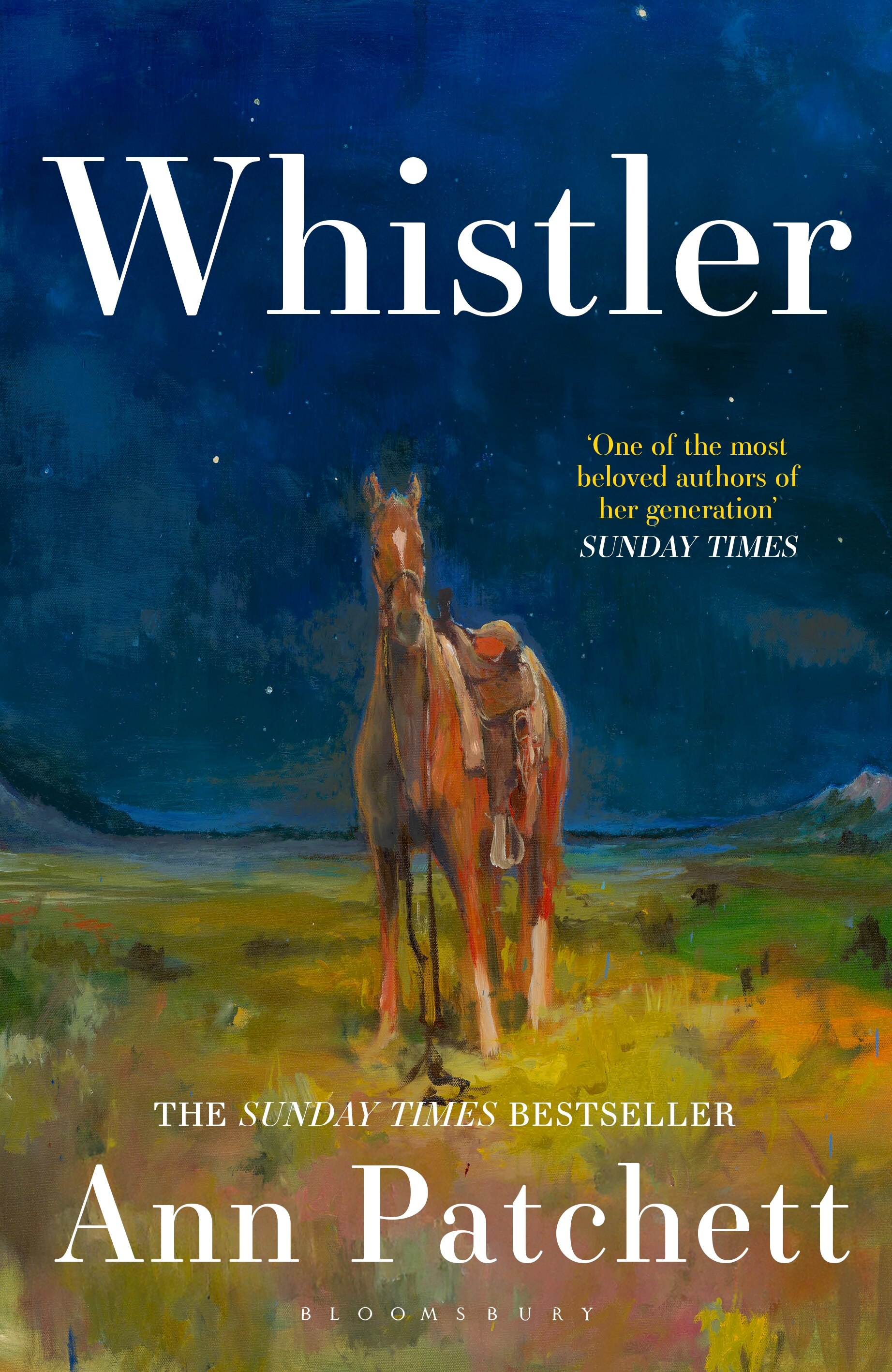 Cover of Whistler by Ann Patchett featuring a painting of a horse standing in a field at night.