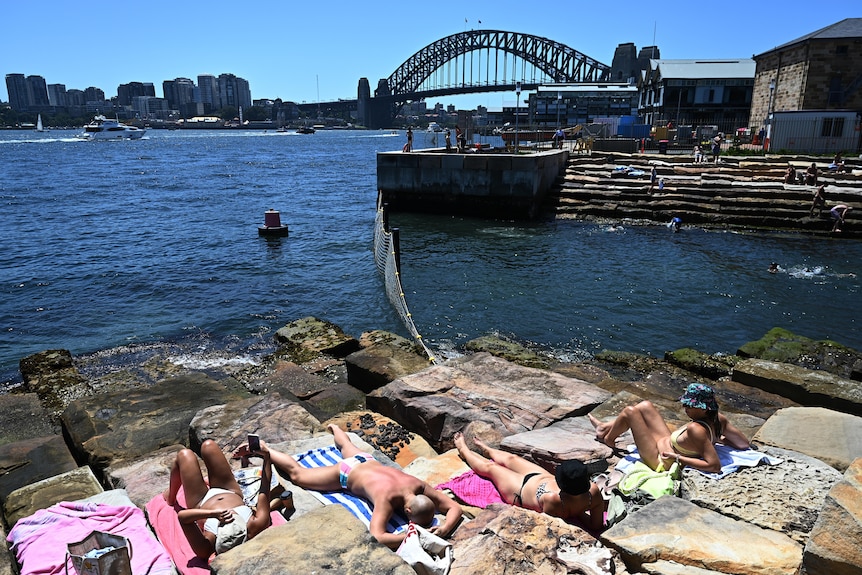 Sunbakers lie on a rock near the water with Sydney Harbour Bridge in the background