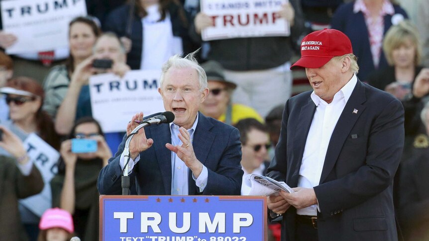 Jeff Sessions speaks a Trump rally in 2016
