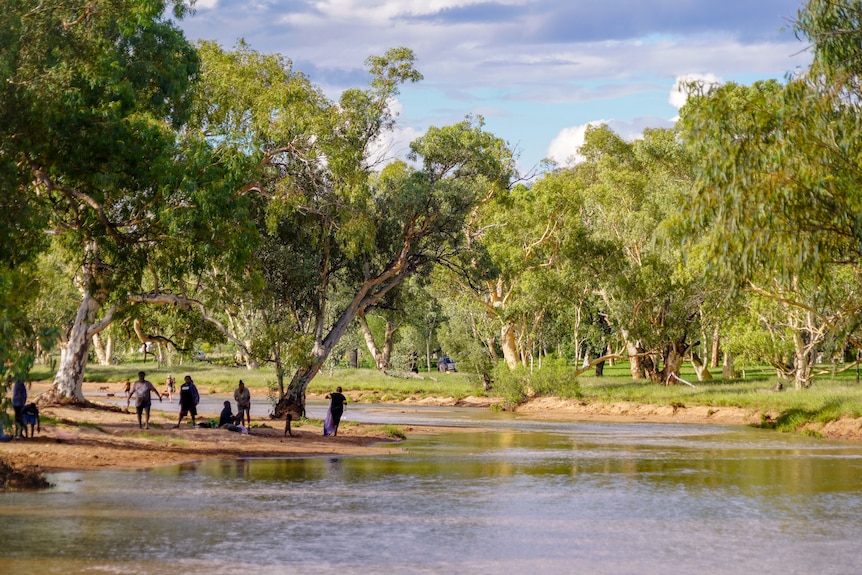 A group of people can be seen on the green banks of a river surrounded in trees. 