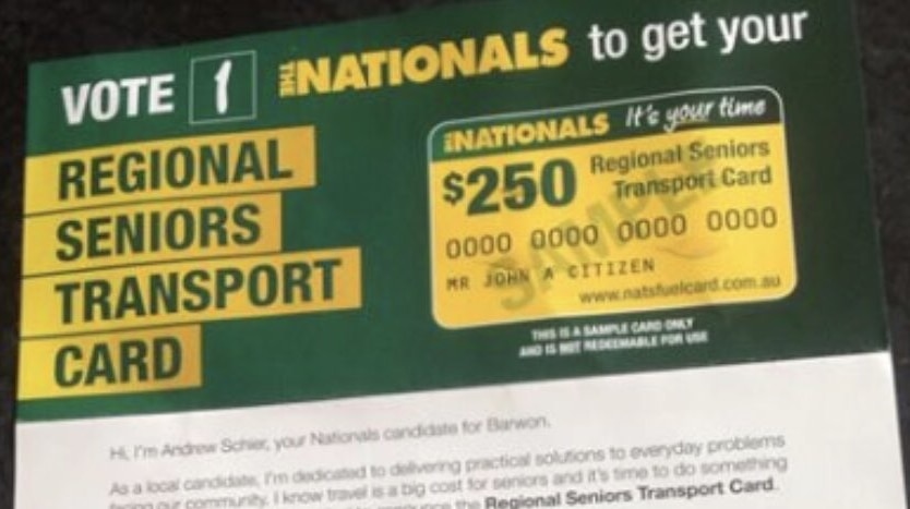 An election campaign flier and letter for the National Party offering seniors discounts for travel.