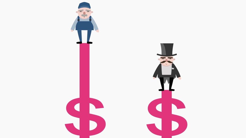 Illustration shows two characters - one rich and one poor - atop a column chart.