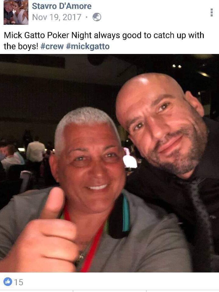Screenshot of facbook post, with Mick Gatto giving thumbs up in grey shirt, Stavro D'Amore with bald hair smiles