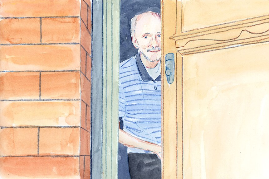 Man with grey hair opens front door.