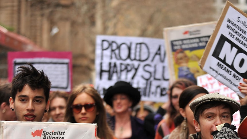 Women and men take part in the SlutWalk in Sydney