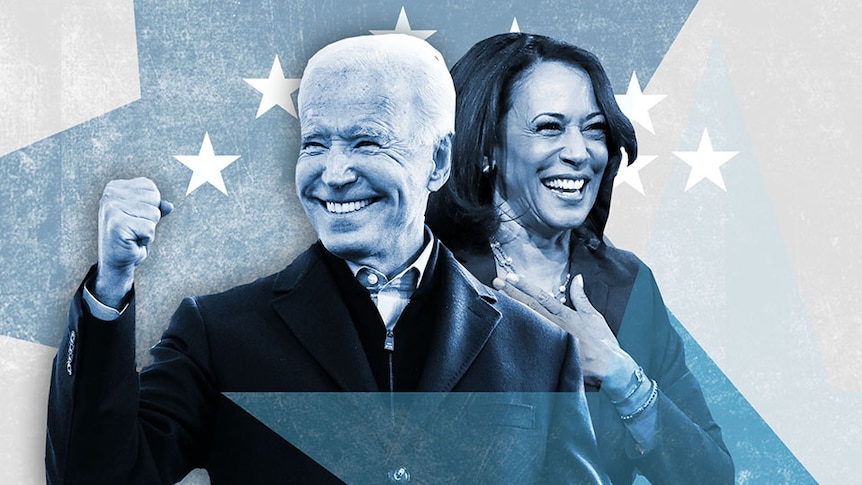 A collage of Joe Biden and Kamala Harris smiling