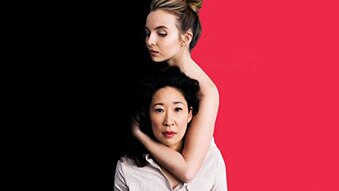 Artwork for TV show Killing Eve featuring Sandra Oh and Jodie Comer, with Comer's arm around Sandra's neck.