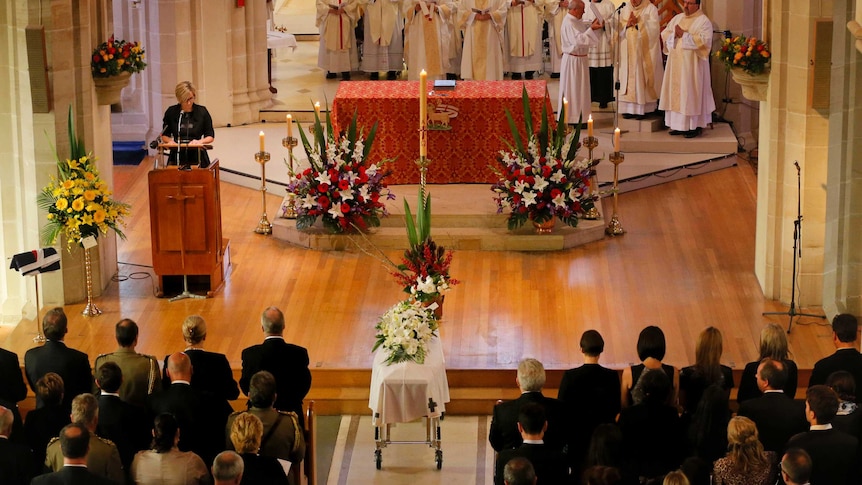 The coffin of former senator Brian Harradine lies in St Mary's Cathedral, Hobart.