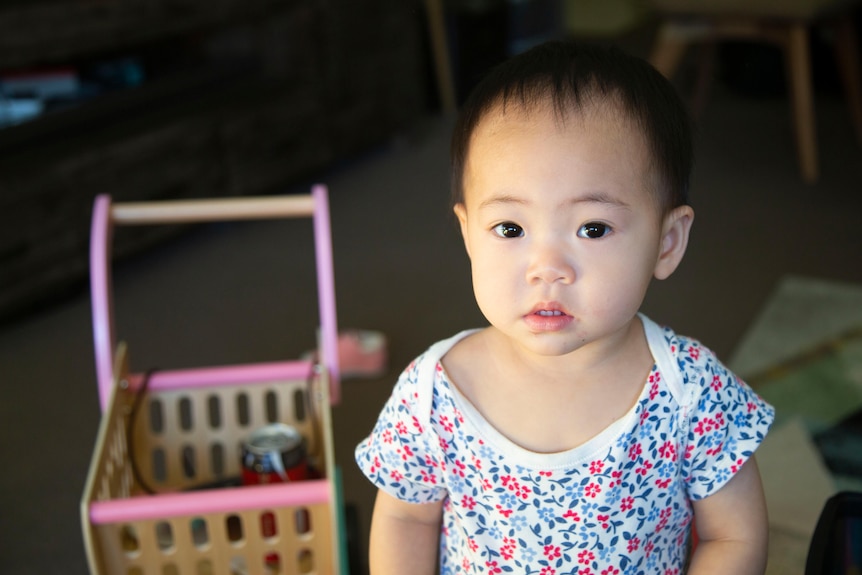 A young baby girl looks at the camera while standing in the living room.