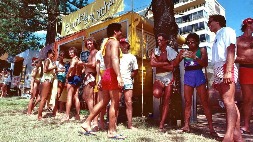 Crowds gather to watch the surf pro events at Burleigh Heads in the 1970s