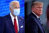 A composite image of Joe Biden in a mask and Donald Trump