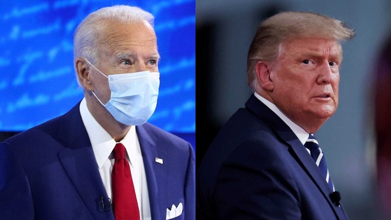 A composite image of Joe Biden in a mask and Donald Trump