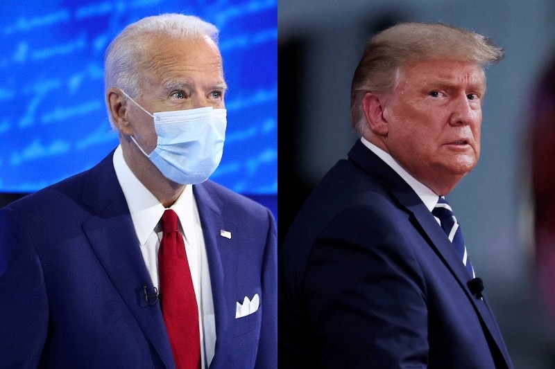A composite image of Joe Biden in a mask and Donald Trump