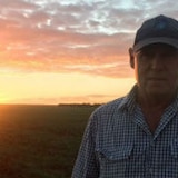A farmer wearing a checked shirt and cap standing in front of crops with sun setting behind him