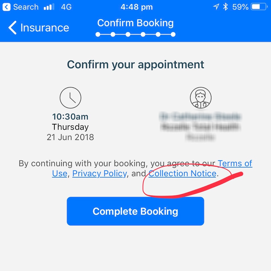 Screenshot of booking app.